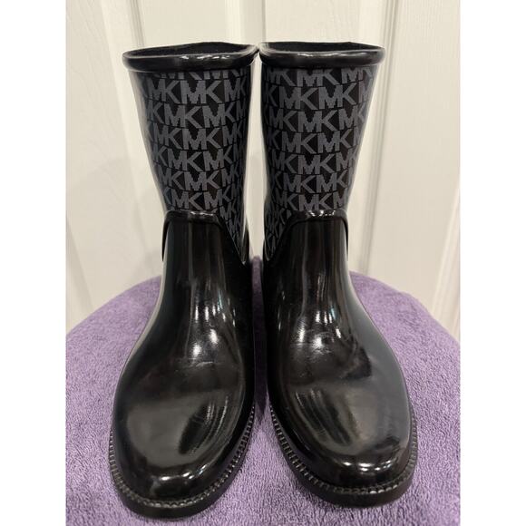 MICHAEL KORS Sutter Black MK Monogram Rain Boots Women’s 8 Waterproof - Picture 2 of 13